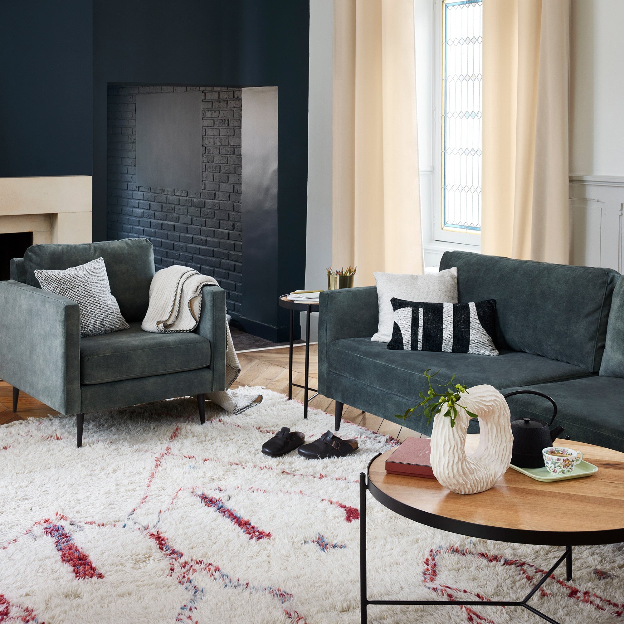 Fauteuil CESARE velours vintage kaki grisé