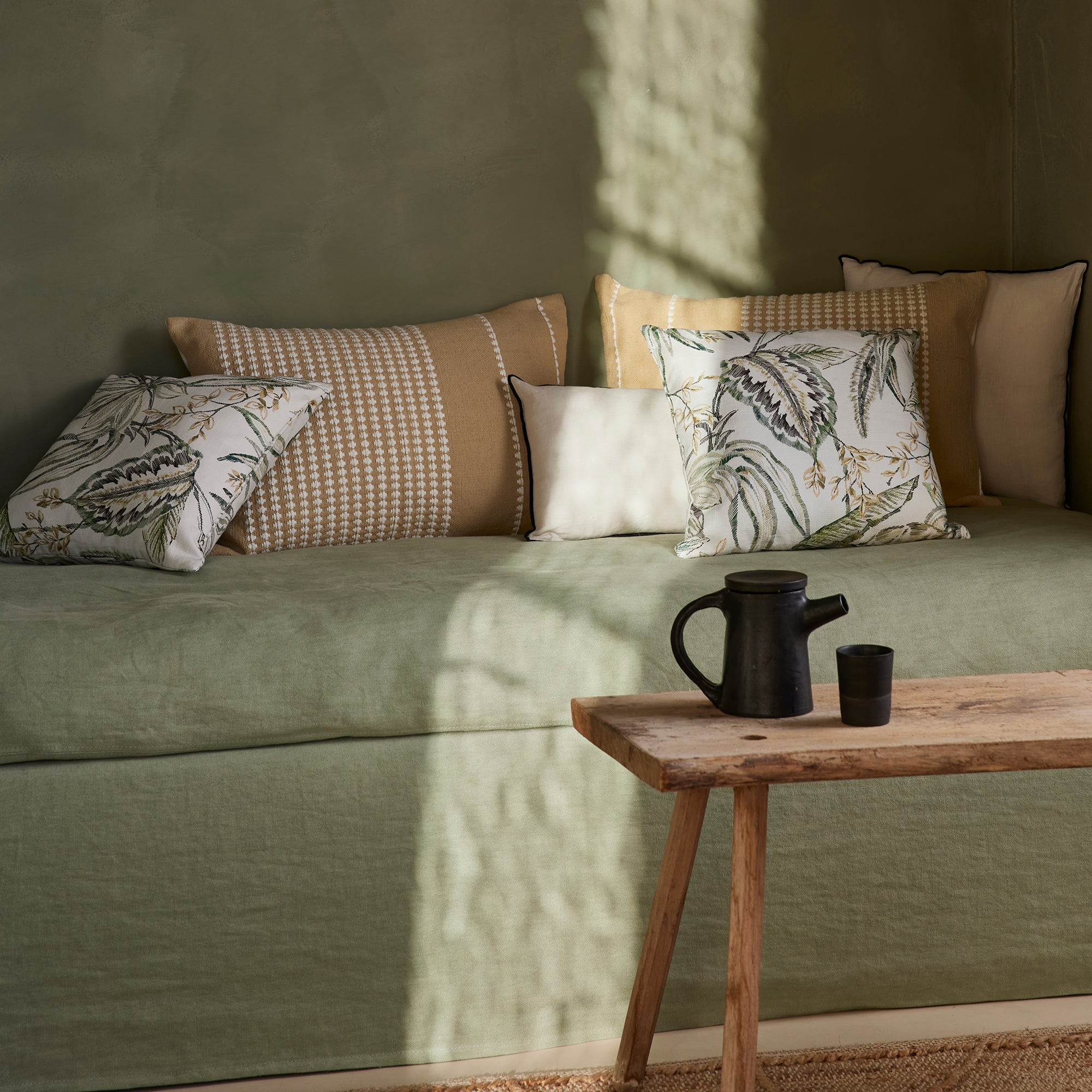 Housse de coussin KELADY ivoire et verts