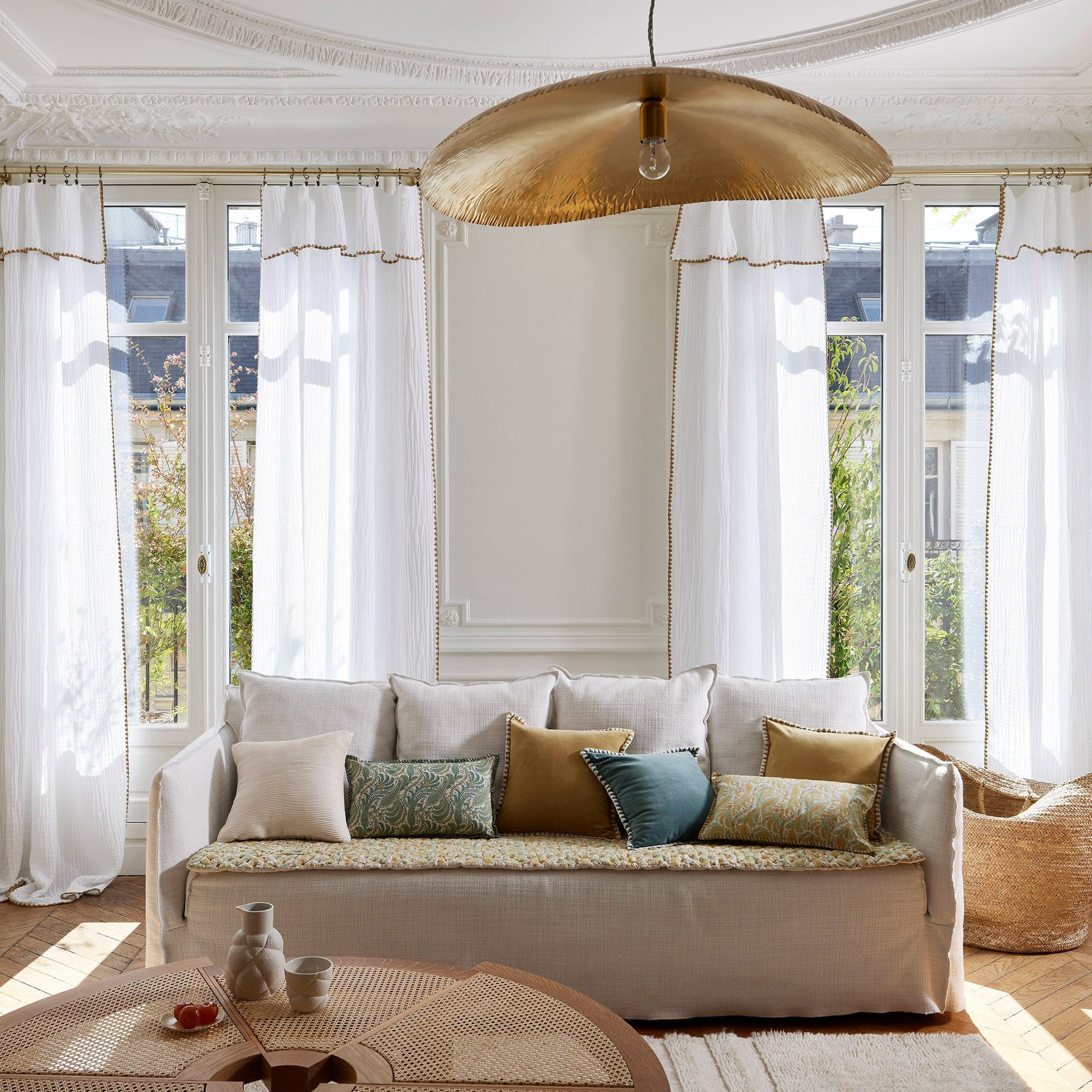 Housse de coussin PADMA jaune indien et écru