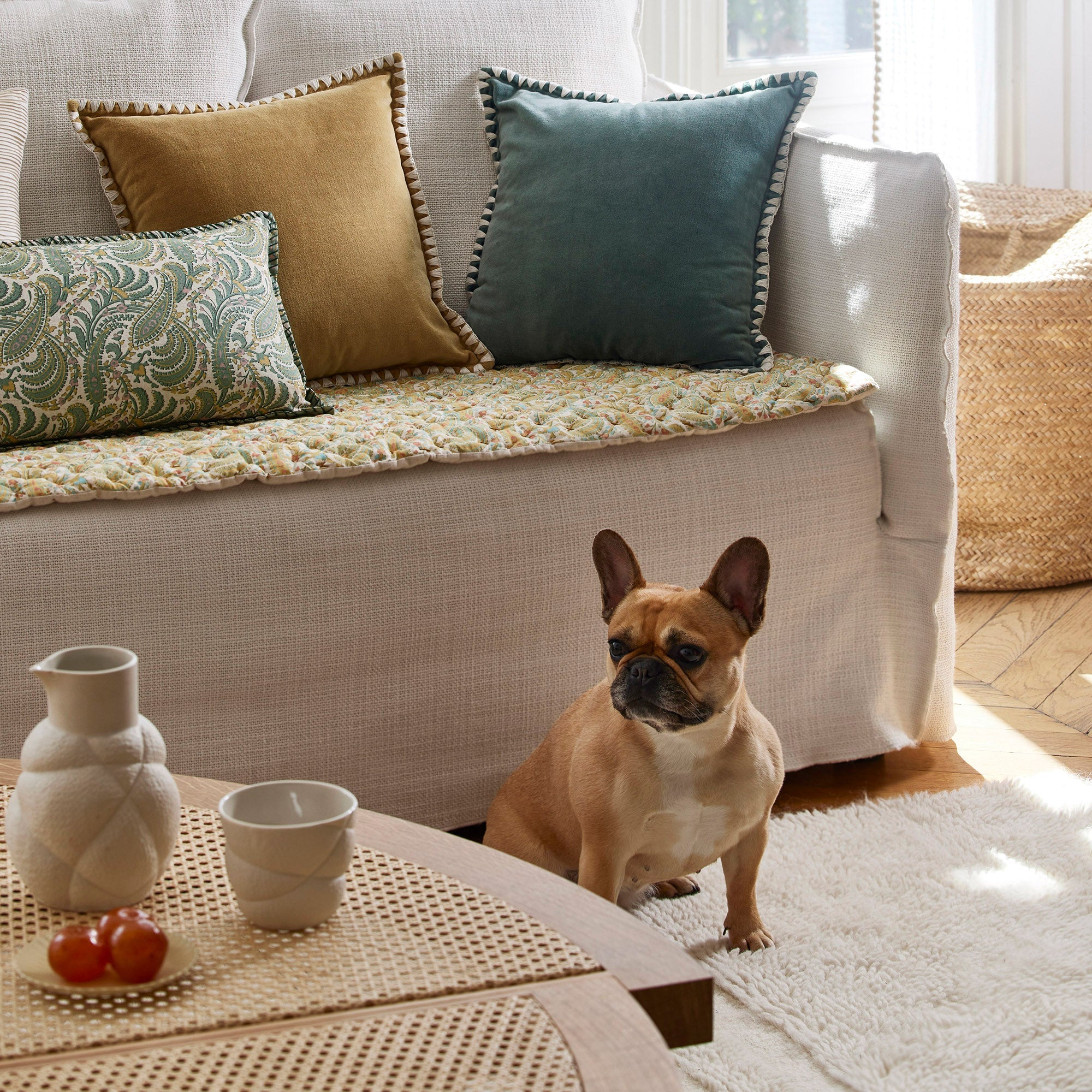 Housse de coussin PADMA vert de gris et écru