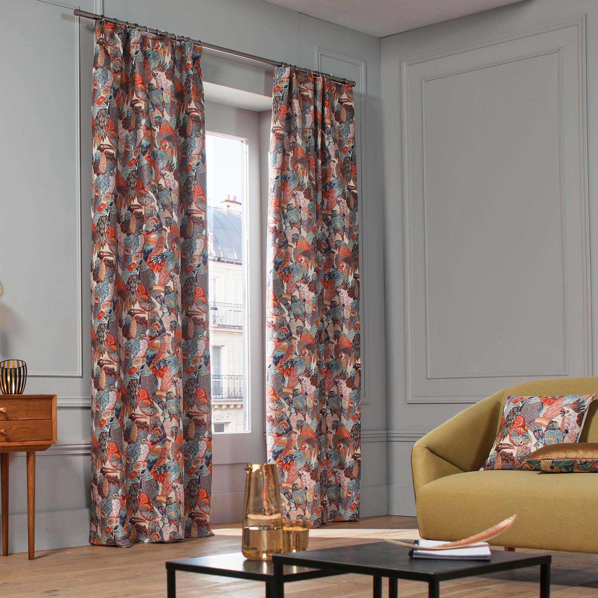 Rideau à galon fronceur JUNGLE BIRDS rosalbin