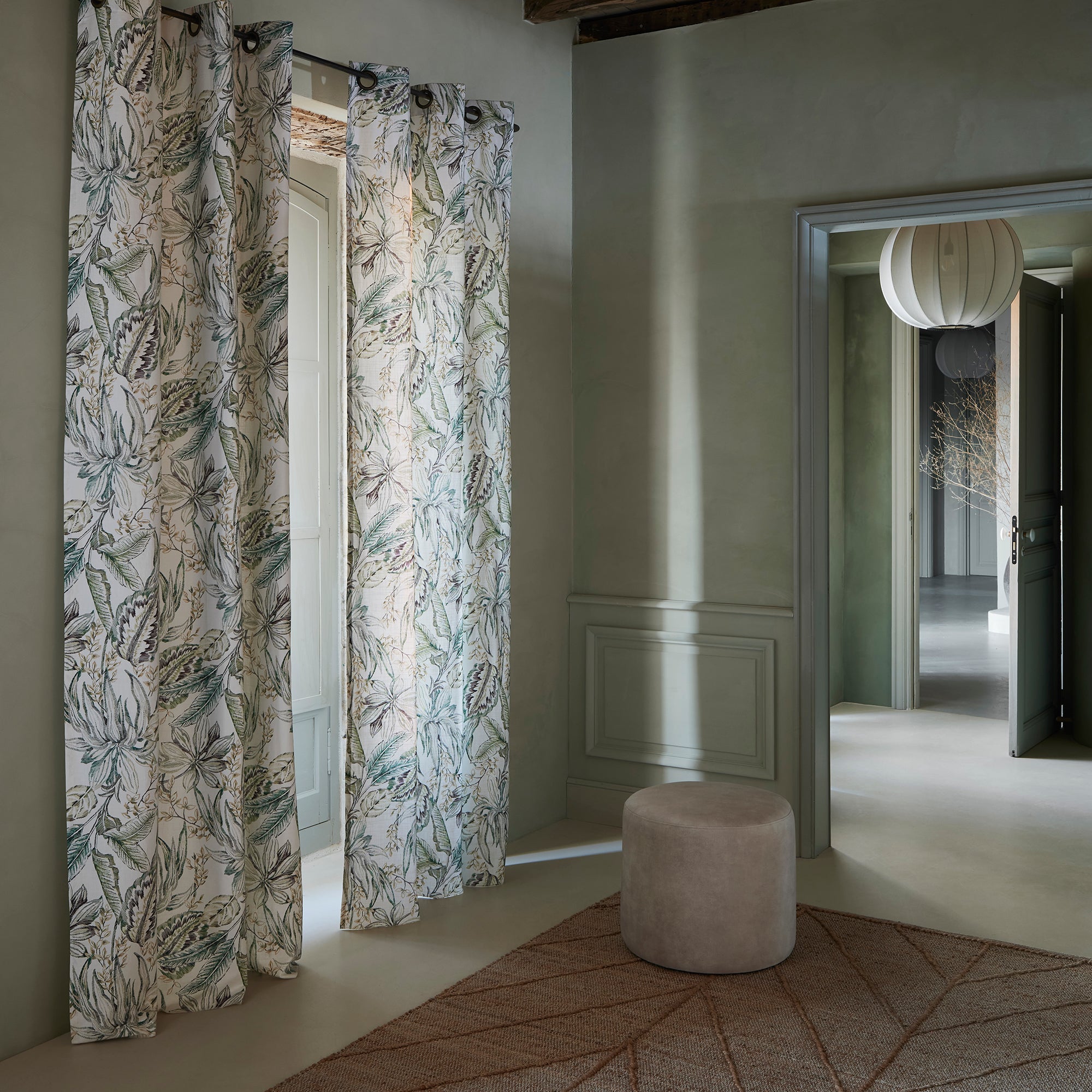 Rideau à oeillets dorés KELADY ivoire et verts