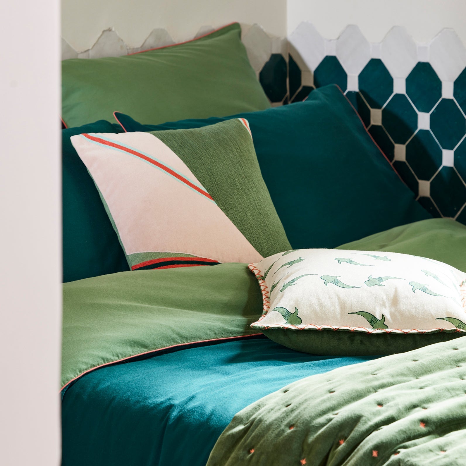 Housse de couette ADEN vert loden et corail